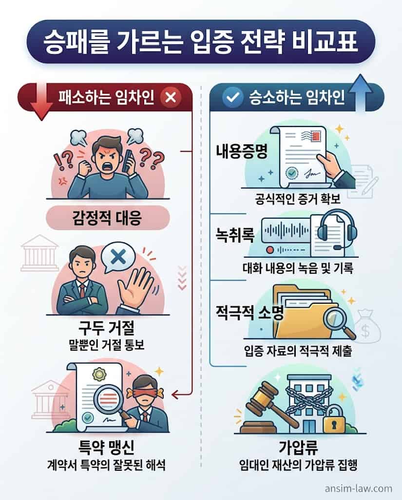 상가 임차인의 승소 및 패소를 가르는 결정적인 법리적 입증 전략 비교표