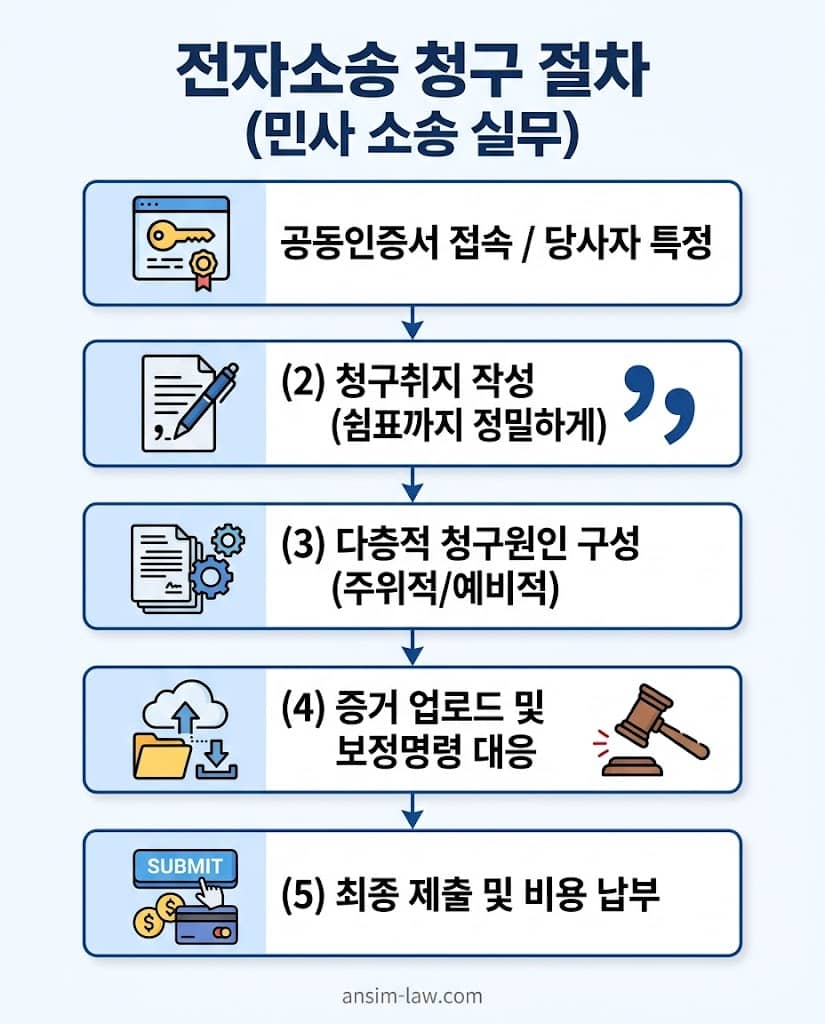전자소송 시스템을 활용한 청구취지 작성 및 소송 제기 실무 절차 플로우챠트.