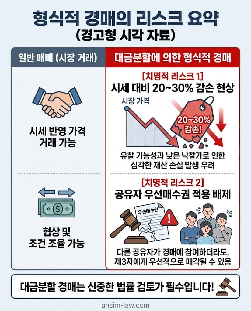 대금분할 판결 시 발생하는 형식적 경매의 시세 하락 리스크 및 공유자 우선매수권 전면 배제 법리 요약