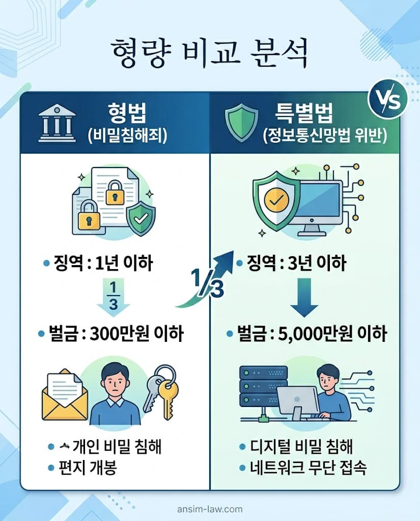 일반 형법상 비밀침해죄와 특별법인 정보통신망법 위반의 형량 및 성립 요건 비교