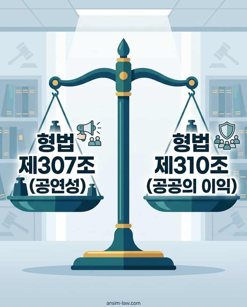 명예훼손의 공연성과 위법성 조각 사유인 공공의 이익을 비교하는 저울 인포그래픽.