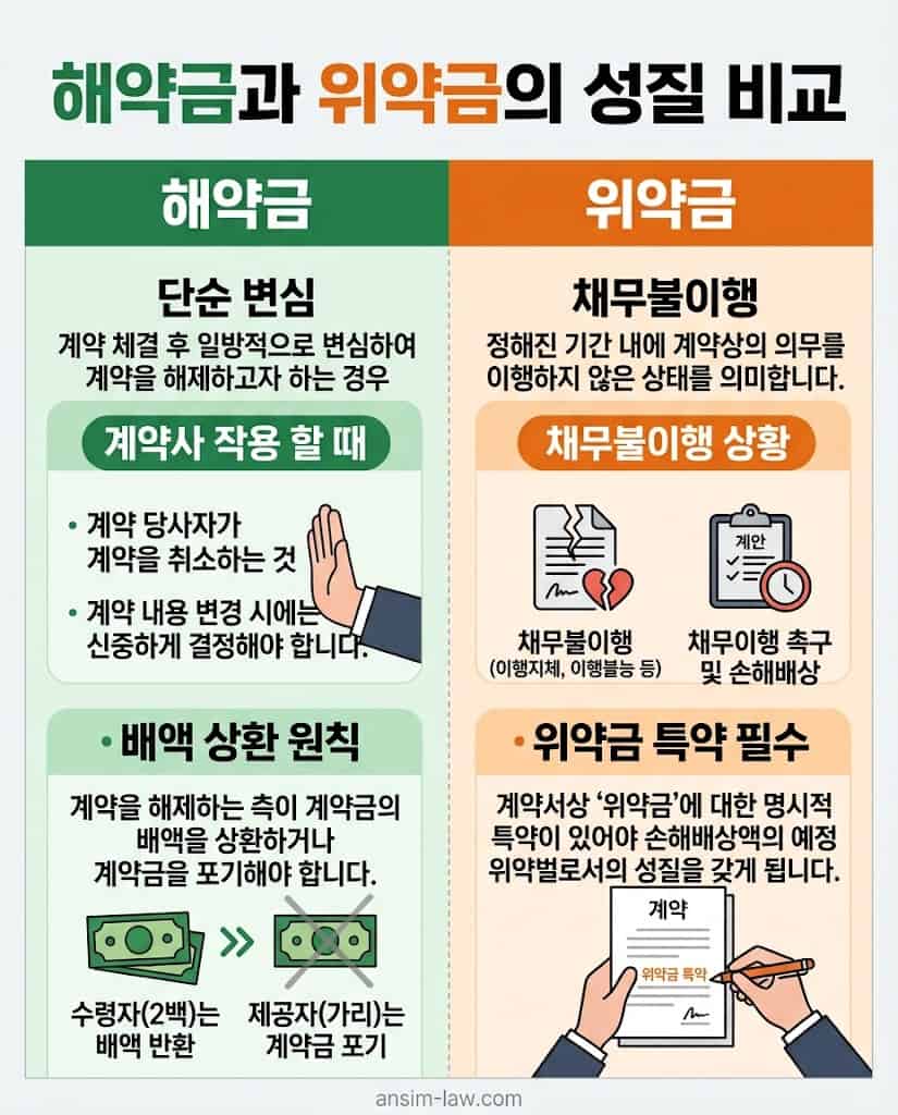 민법상 기본 원칙인 해약금과 별도 특약이 필요한 위약금의 법적 성질 및 차이점 안내.