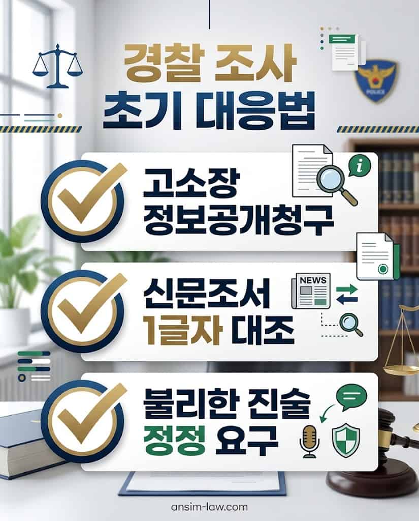 수사관의 유도 심문에 대비하기 위한 경찰 조사 초기 단계의 3대 필수 대응 방안 체크리스트입니다.