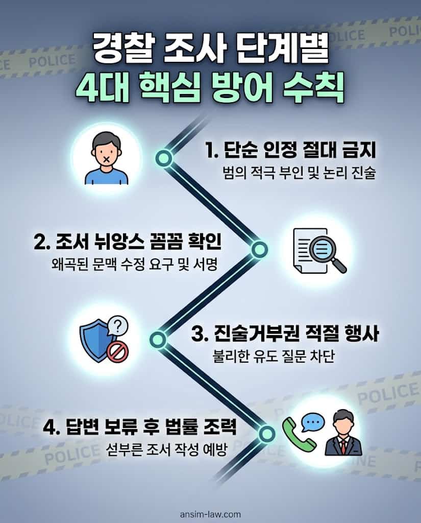 단순 인정 금지, 진술거부권 활용 등 경찰 조사 단계에서 꼭 지켜야 할 4가지 방어 수칙 인포그래픽.