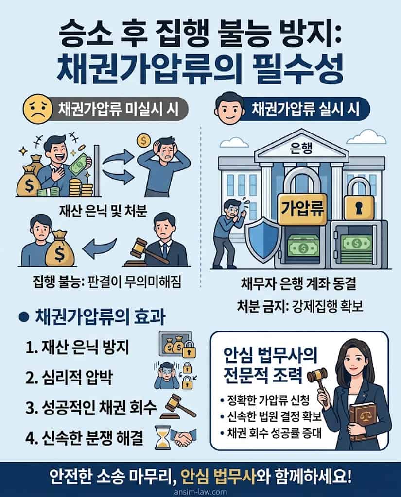 피고의 재산 은닉을 막기 위한 신속한 채권가압류 절차와 필요성을 설명하는 인포그래픽입니다.