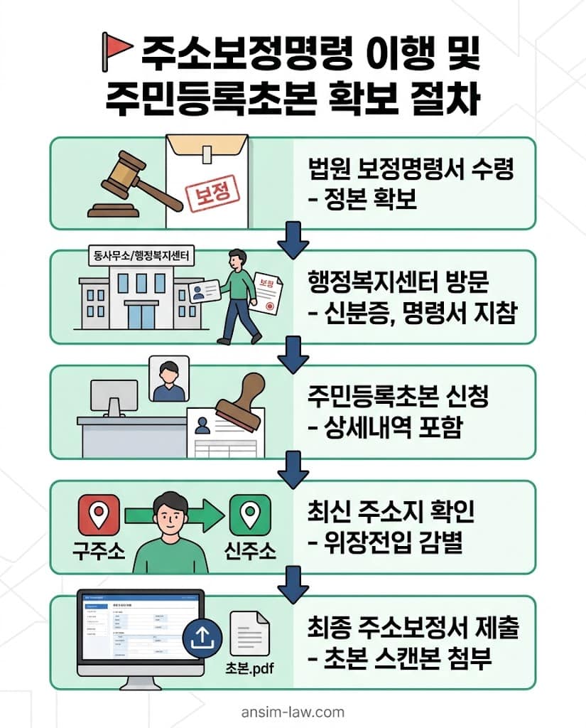 법원 주소보정명령을 통해 행정복지센터에서 주민등록초본을 발급받는 절차도.