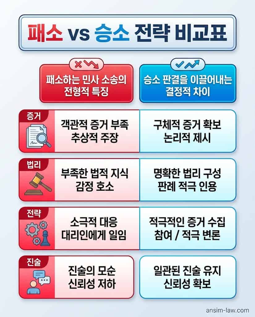 초기 대응, 증거 제출, 법리 구성 등에서 승소와 패소를 극명하게 가르는 결정적 차이 비교표입니다.