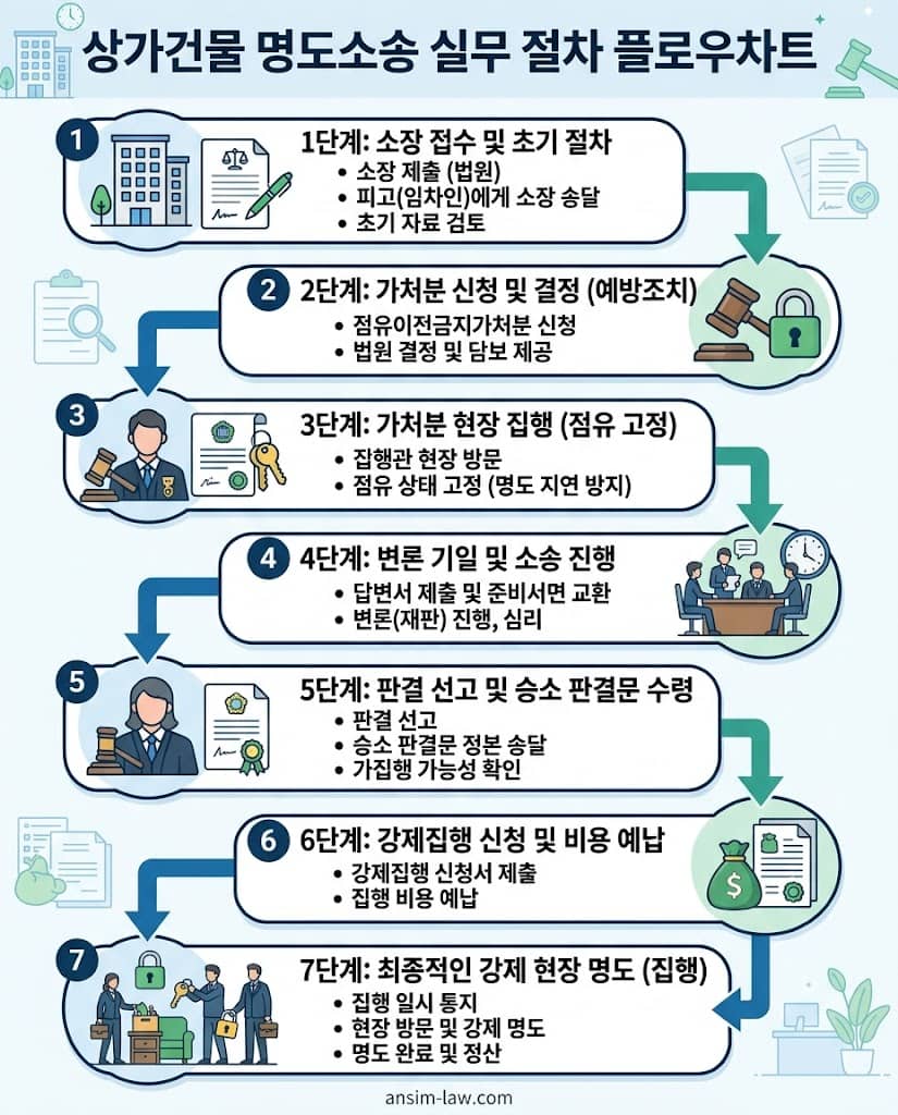 소장 접수부터 승소 판결 후 현장 강제집행까지 상가명도소송의 전체 흐름을 시각화한 다이어그램.