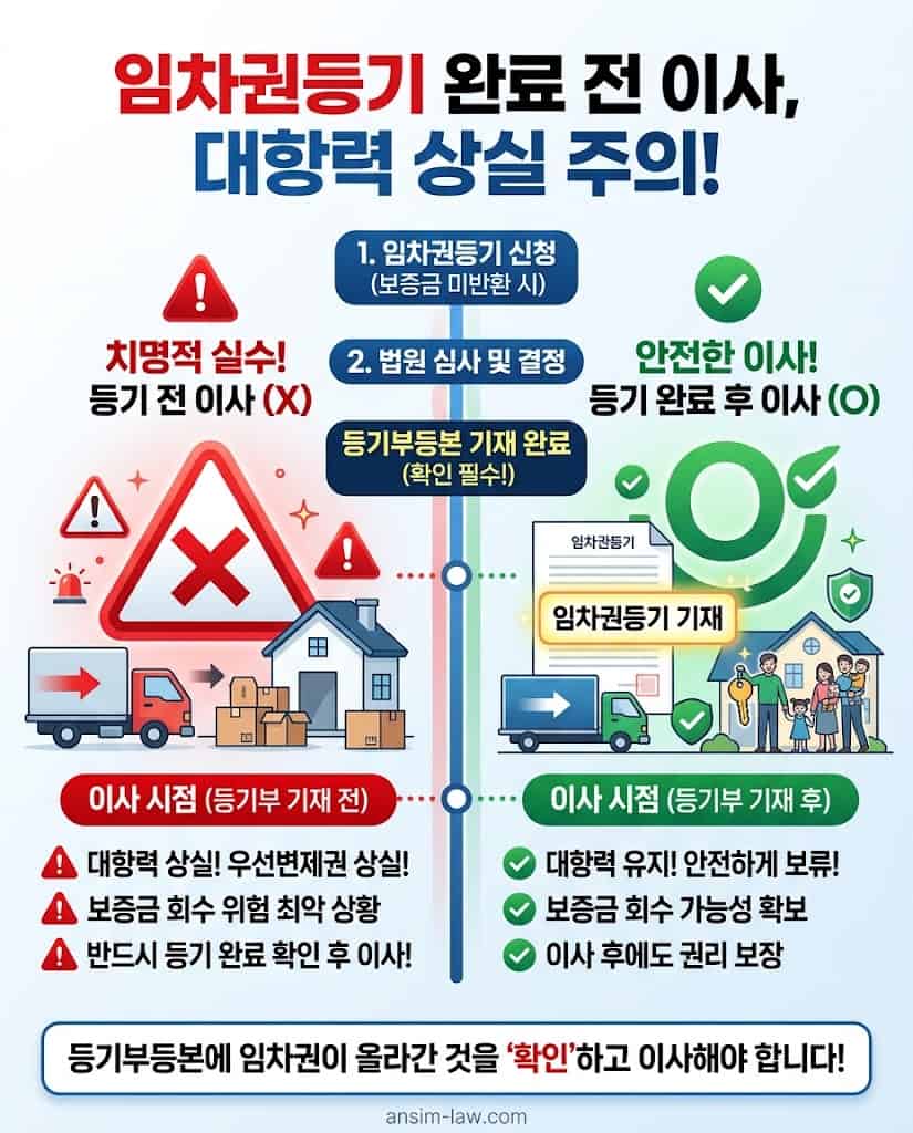등기부등본 기재 완료 전 이사 시 대항력 상실 위험을 경고하는 주의사항 안내
