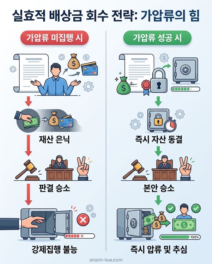 소송 전 가압류를 통해 채무자의 재산을 동결하고 배상금을 실효적으로 회수하는 전략 시각화.