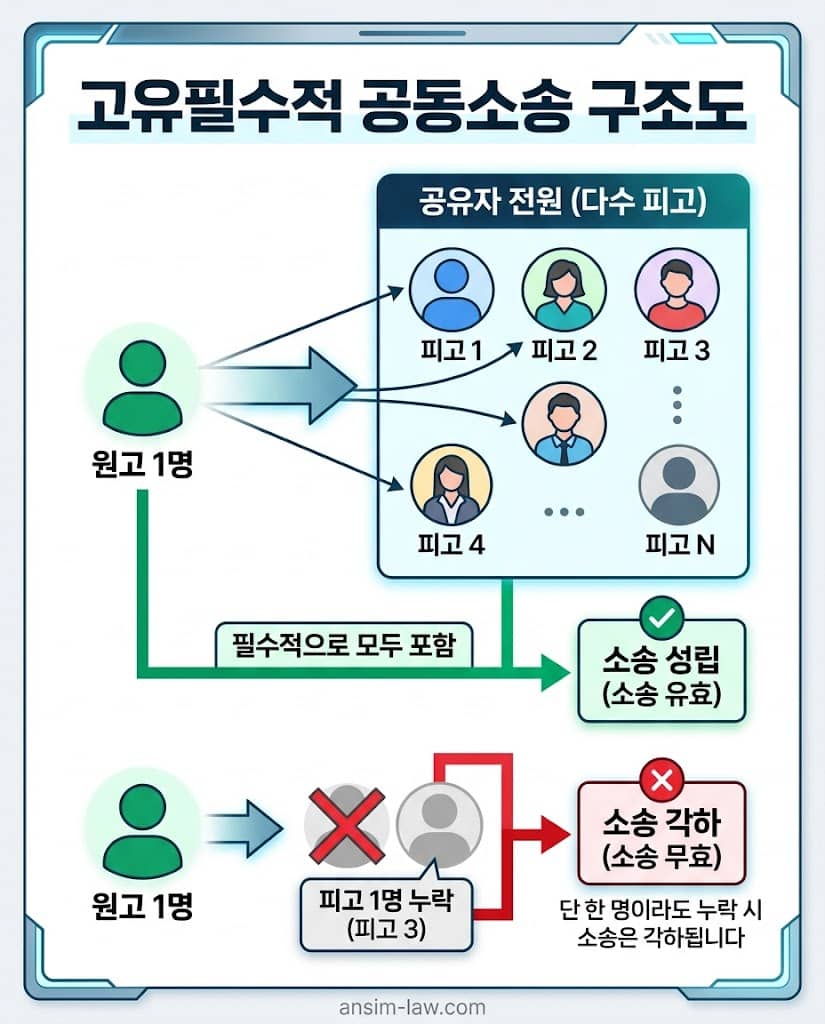 공유물 분할 청구 시 나머지 공유자 전원을 반드시 피고로 삼아야 하는 고유필수적 공동소송 절차 요약 다이어그램