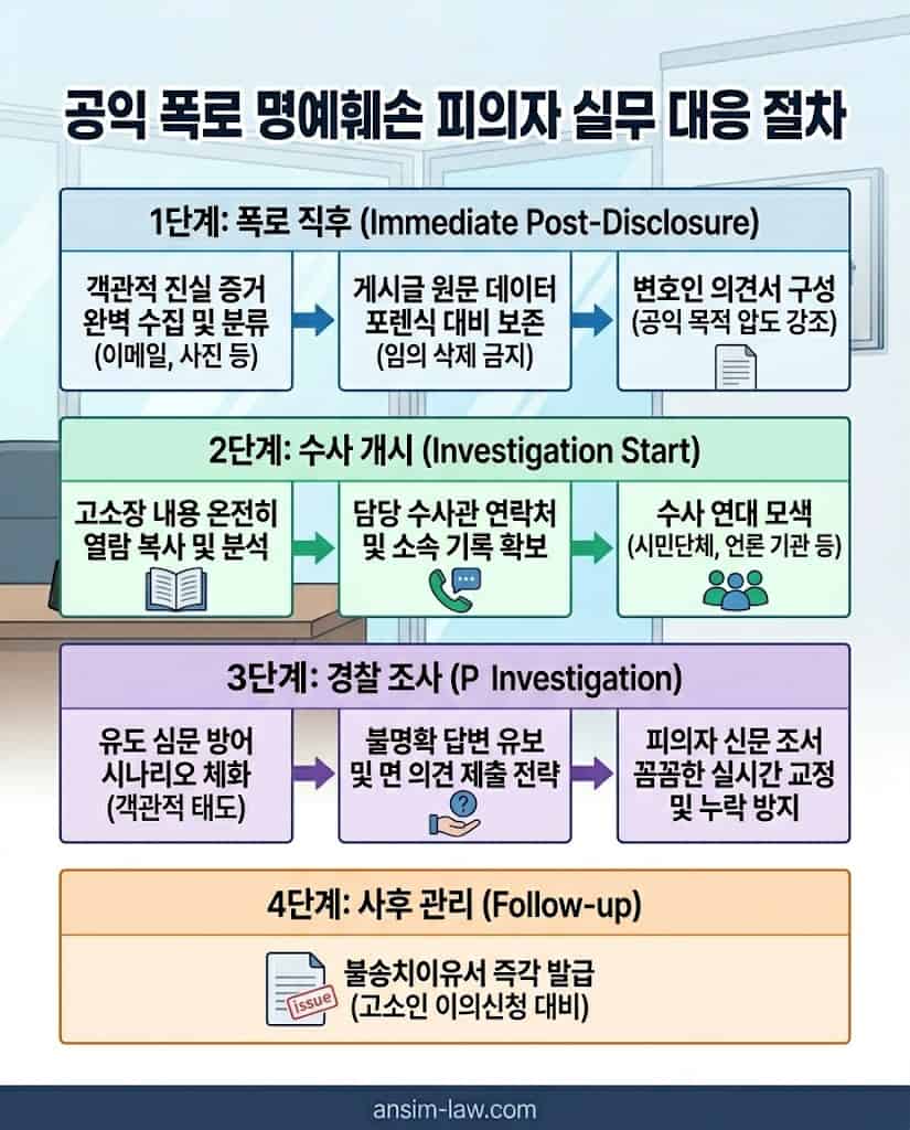 안심 법무사가 정리한 공익 폭로 피의자의 수사 단계별 실무 대응 흐름도