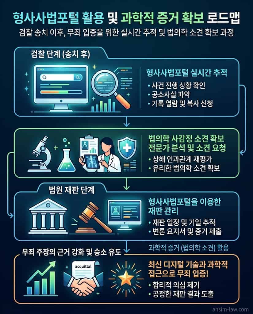형사사법포털을 통한 사건 기록 열람 및 법의학적 반박 증거 확보를 설명하는 재판 승소 로드맵.