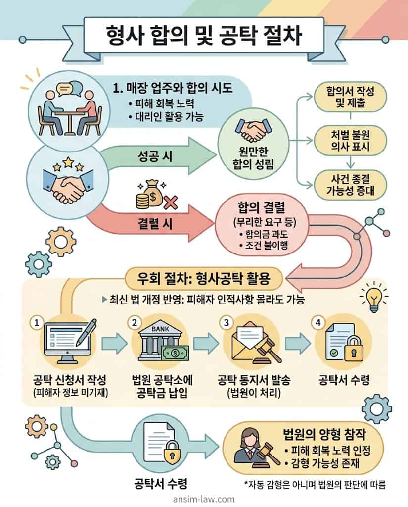 과도한 합의금 요구 시 형사공탁 제도를 활용하여 피해 회복을 증명하는 우회 절차 안내도입니다.