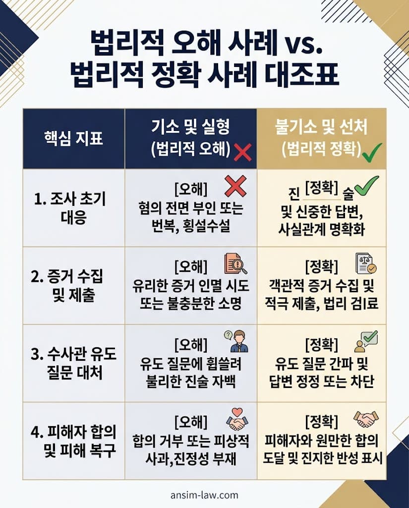 기소 유발 치명적 오해 사례와 불기소 유도 정확 방어 사례 핵심 구분 대조표
