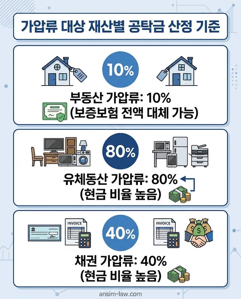 부동산, 유체동산, 채권 등 가압류 대상 재산별 법원 공탁금 산정 기준과 현금 비율표.