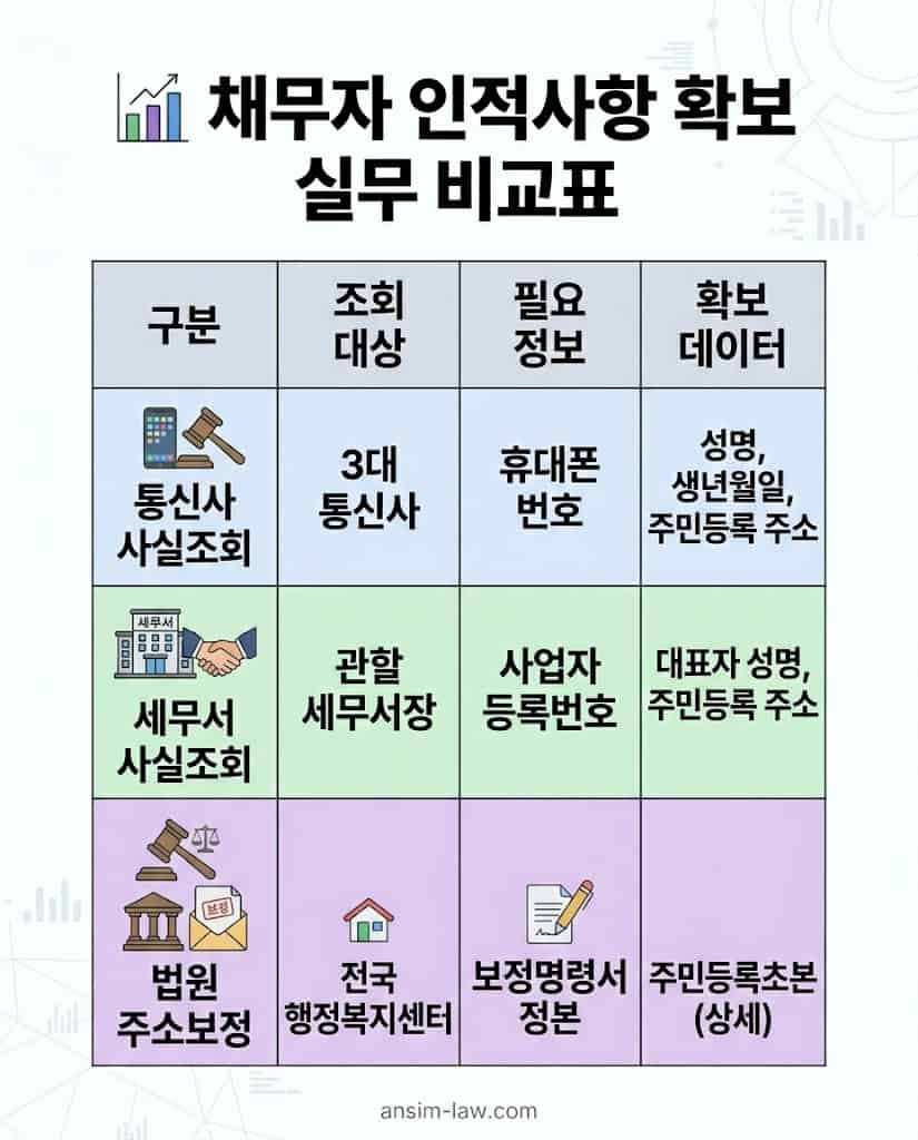 통신사조회, 세무서조회, 주소보정명령의 대상과 확보 데이터를 비교한 표.