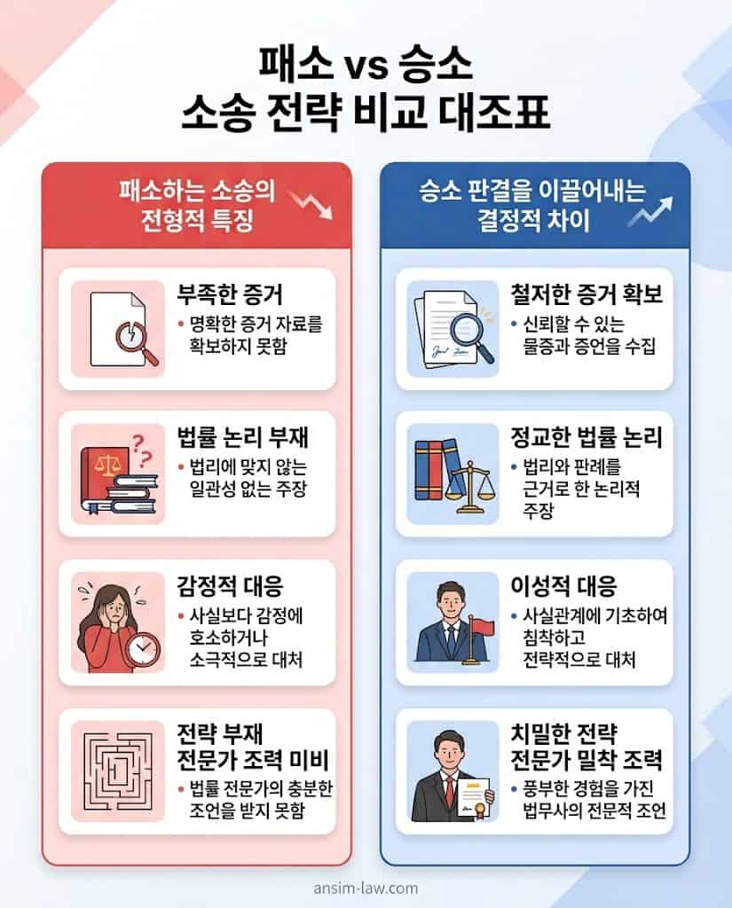 패소하는 소송과 승소하는 소송의 핵심 전략 차이를 한눈에 보여주는 비교 대조표
