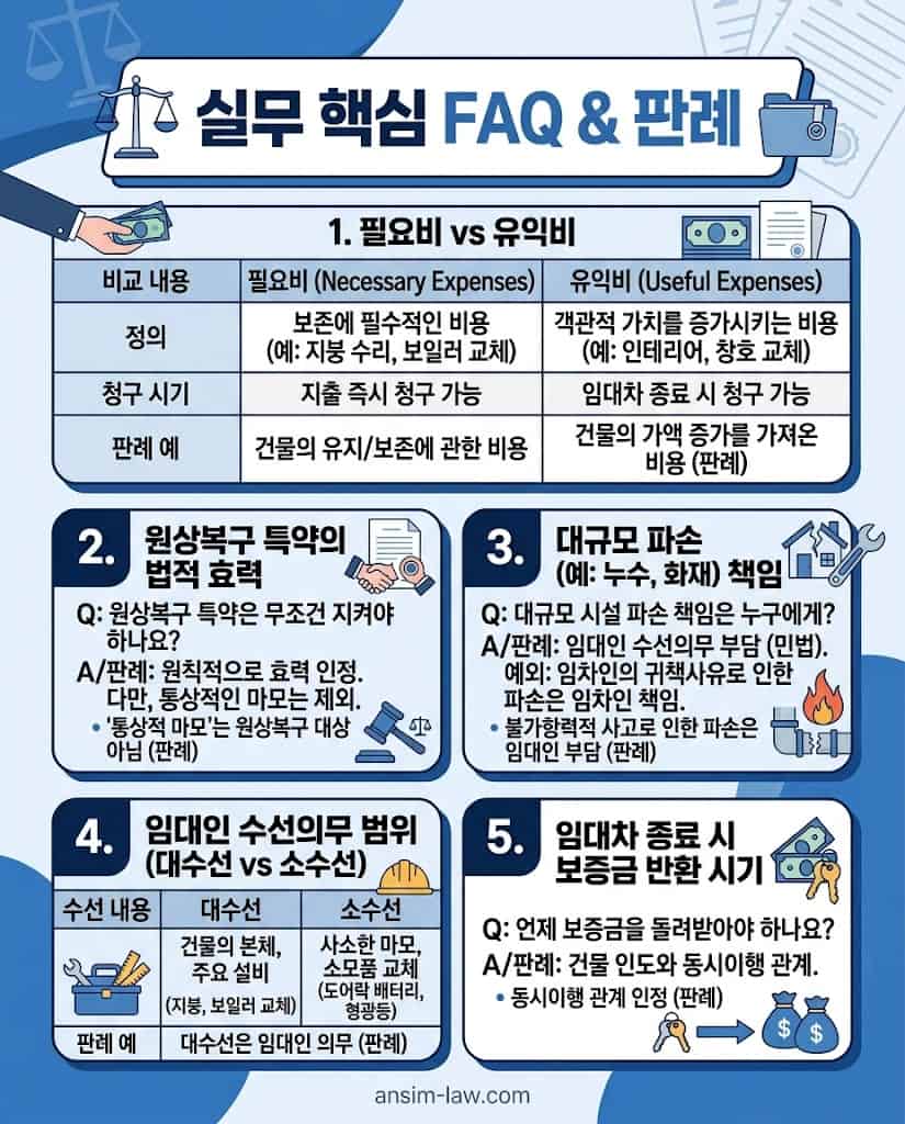 필요비와 유익비 차이, 원상복구 특약 한계 등 수선비 분쟁 핵심 FAQ