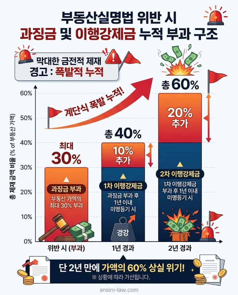 실명전환 지연 시 행정청으로부터 부과되는 과징금 및 이행강제금의 폭발적인 누적 증가세를 나타낸 그래프입니다.