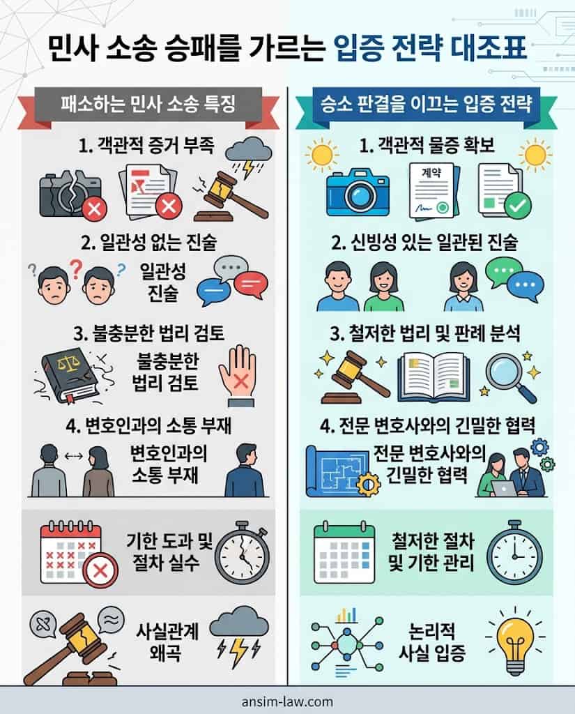 민사 소송 승소와 패소를 가르는 결정적 입증 전략 차이 비교표