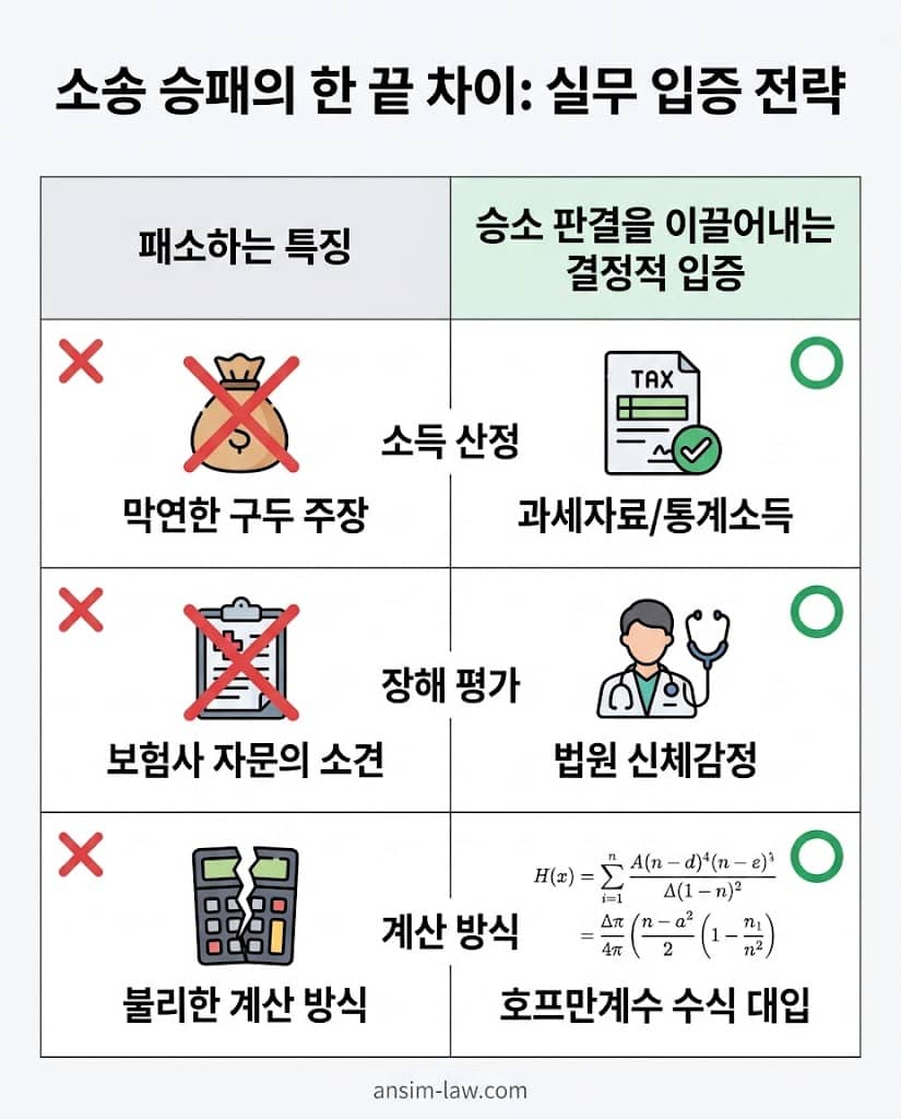 객관적 입증 자료와 논리적 계산 방식 유무에 따른 민사 소송 승패 비교 분석 표.