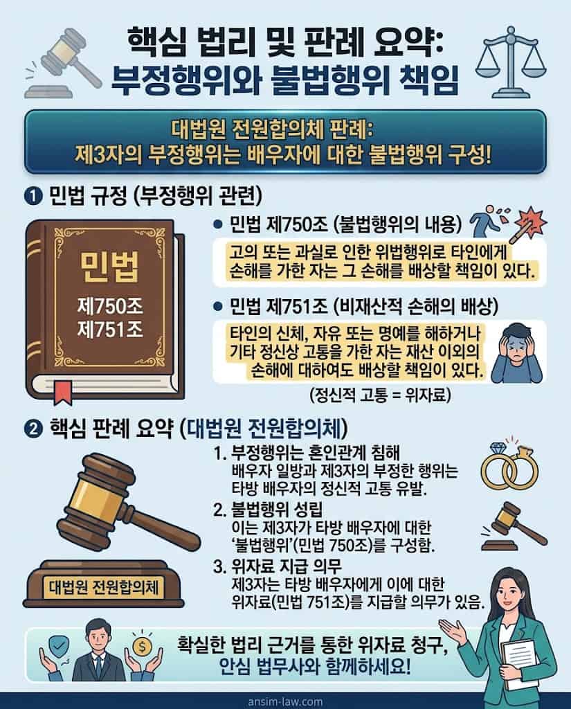 상간자 위자료 청구의 근거가 되는 민법 조항과 핵심 대법원 판례를 요약한 법리 인포그래픽입니다.