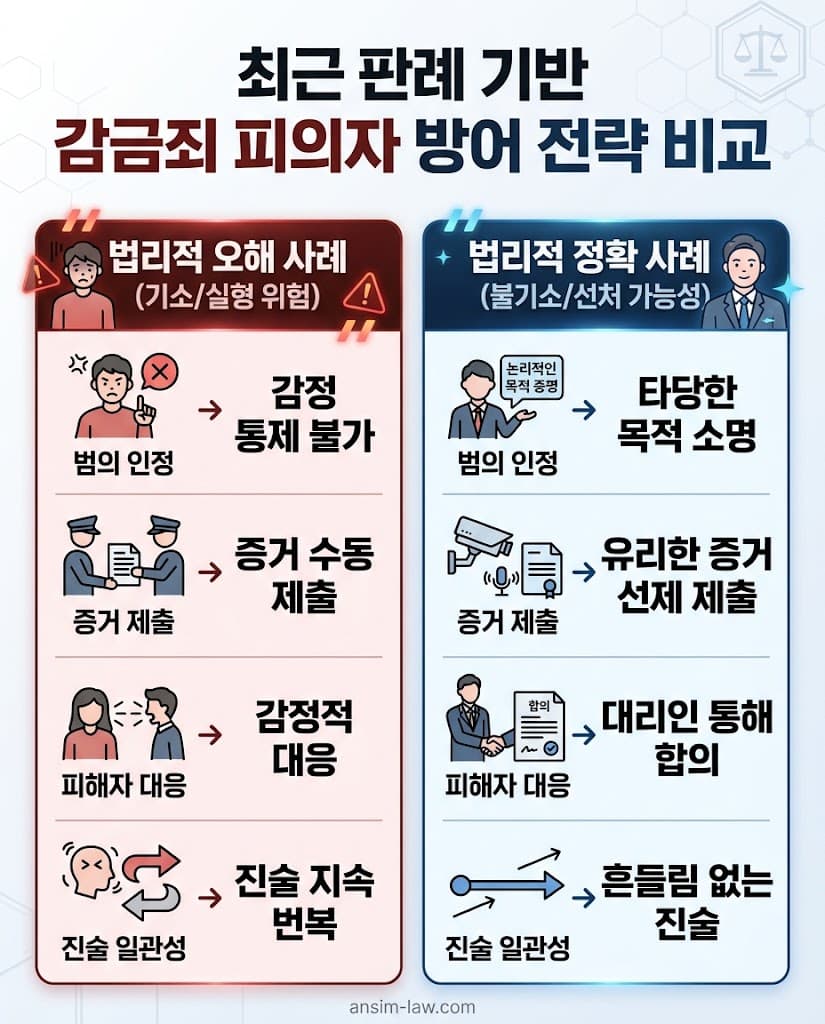 법리적 오해와 정확한 대응의 차이를 한글 비교 표로 구성한 감금죄 피의자 방어 전략 비교 인포그래픽.