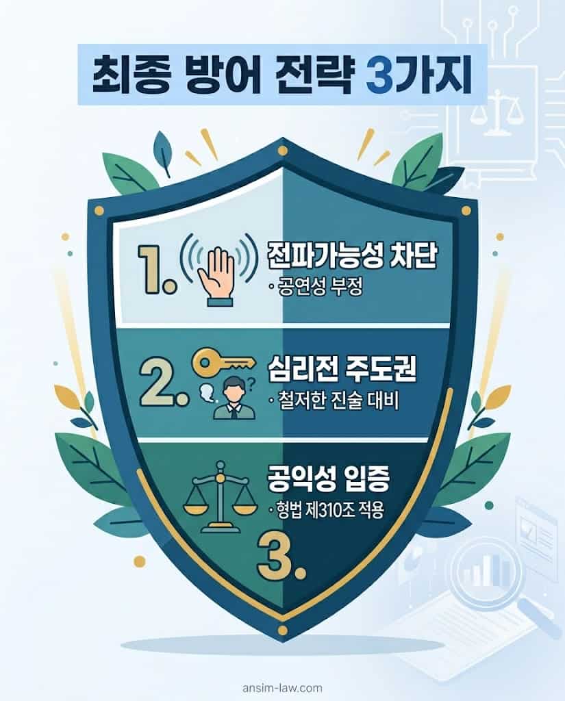 명예훼손 무죄 입증을 위한 전파가능성 차단 및 공익성 입증 등 최종 방어 전략 3가지.