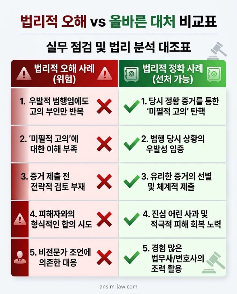 진술 태도, 도구 소명, 사후 조치, 합의 접근에 있어 피의자가 저지르는 치명적 오류와 올바른 대응법 비교표.
