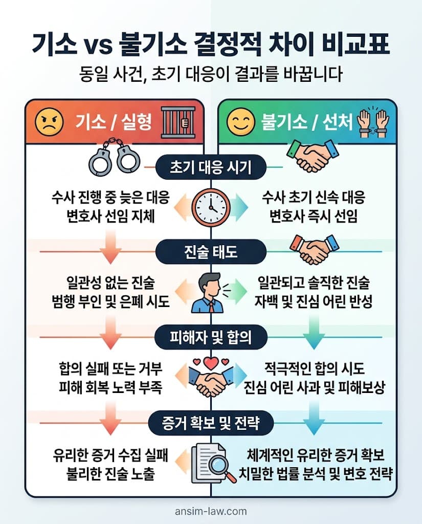 초기 진술 태도와 증거 확보에 따른 기소와 불기소 처분 비교 분석표