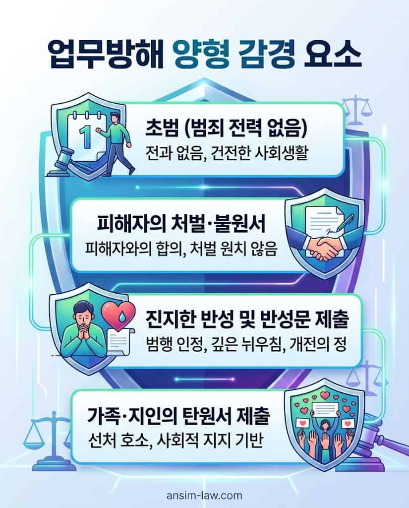 유죄 인정 시 벌금형 감경을 위한 처벌불원서 및 각종 양형 참작 사유 요약 차트입니다.