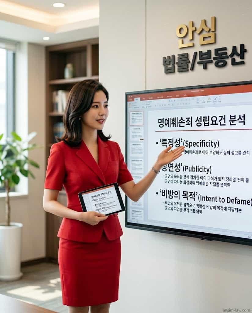 대형 스크린을 통해 사이버 명예훼손 특정성 성립 요건을 분석하는 모습