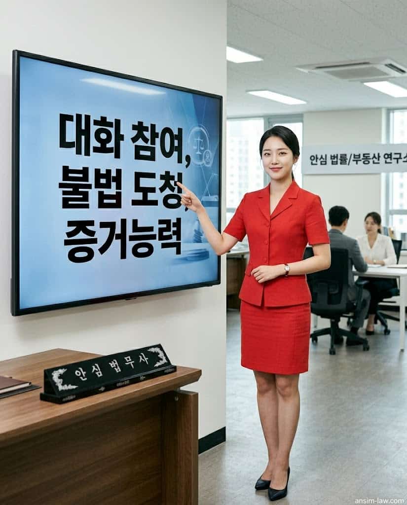 붉은색 정장을 입은 안심 법무사가 대화 참여와 증거능력의 핵심 요건을 설명하는 모습입니다.