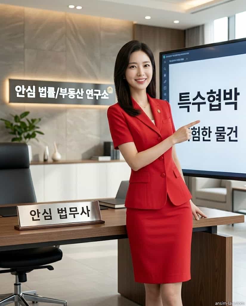 붉은색 정장을 입은 안심 법무사가 특수협박죄의 위험한 물건 요건을 설명하는 모습