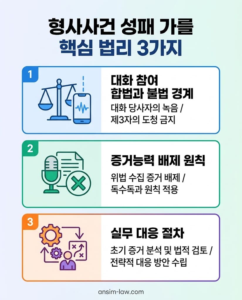 형사사건 성패를 결정짓는 통신비밀보호법 3대 핵심 법리 요약 인포그래픽입니다.
