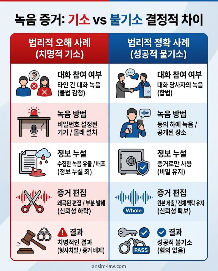 불법 녹음 관련 기소되는 사례와 불기소되는 적법 사례를 대조한 비교 분석표입니다.