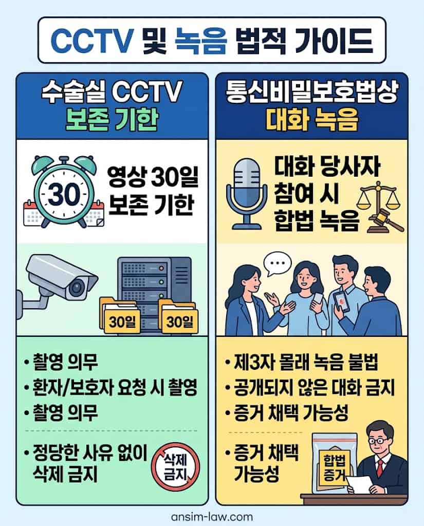 수술실 CCTV 영상 30일 보존 기한 및 합법적인 대화 녹음을 위한 통신비밀보호법 필수 요건