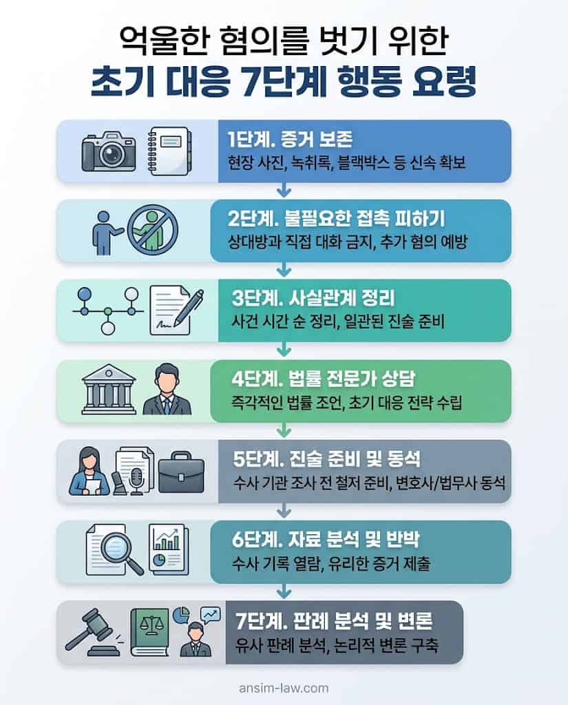 특수협박 혐의 방어를 위한 초기 7단계 핵심 실무 대응 전략 플로우차트