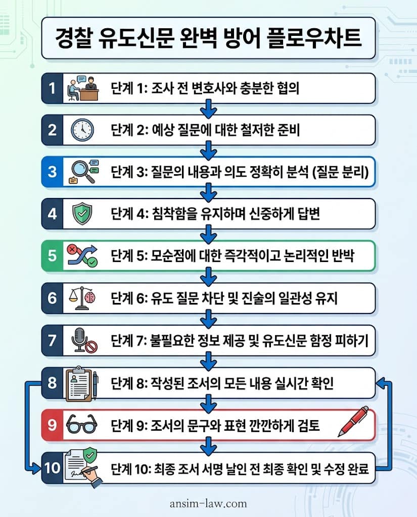 경찰 수사관의 유도신문을 방어하고 진술의 일관성을 유지하는 단계별 플로우차트입니다.