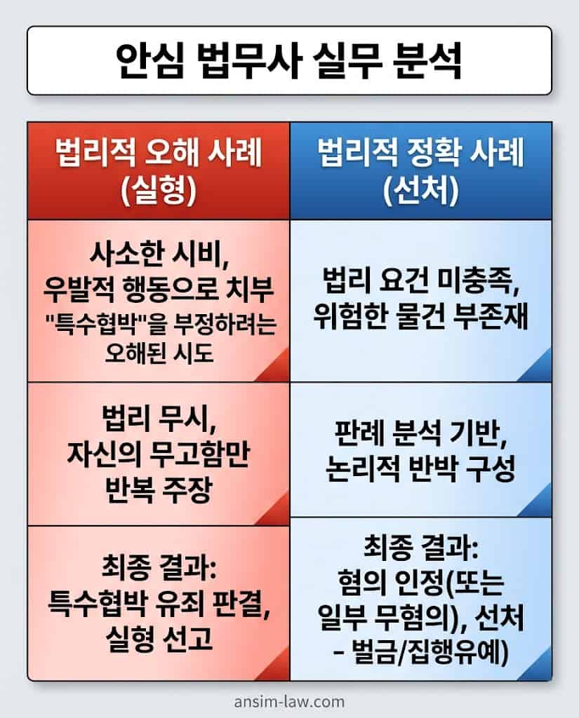 특수협박 실무 대응의 실패 사례와 성공 사례, 처분 결과에 따른 직관적 대조표