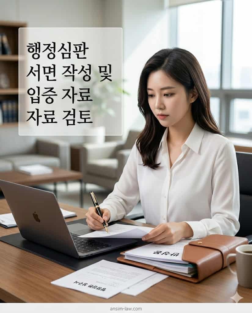 행정심판 서류와 구제 증빙 자료를 꼼꼼히 검토하는 20대 여성 전문가의 업무 모습