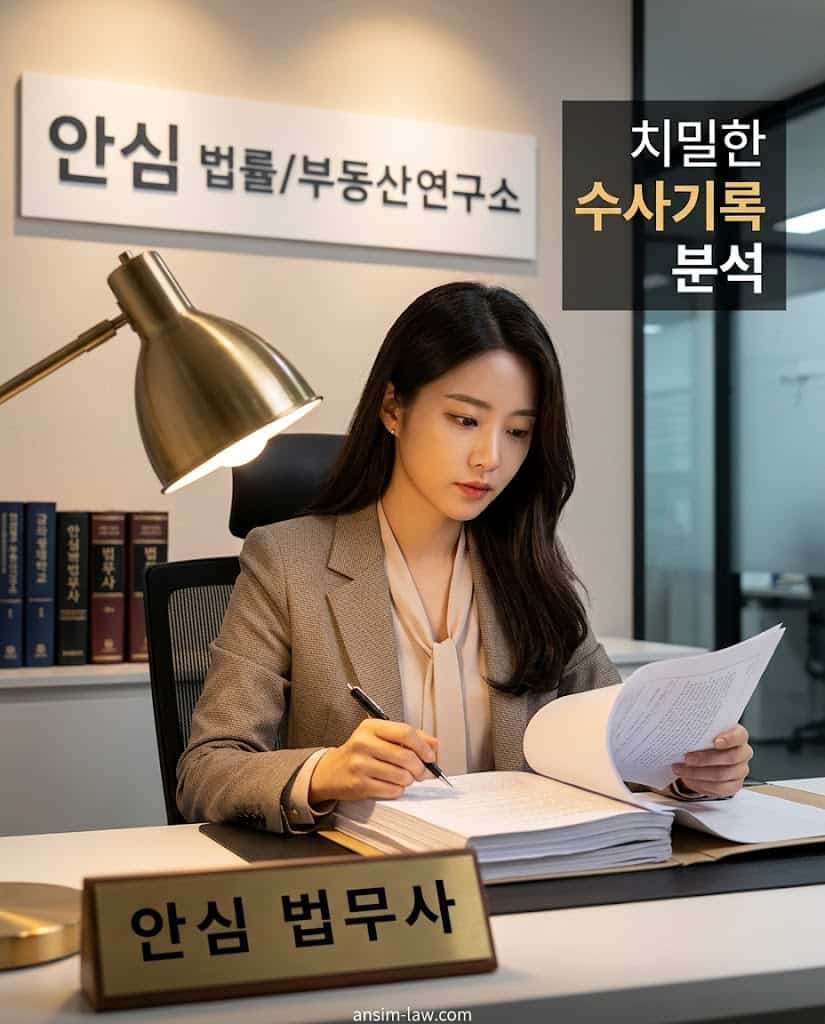 안심 법무사가 수사기록을 꼼꼼하게 교차 검증하며 핵심 증인의 반대신문을 준비하는 업무 모습 .