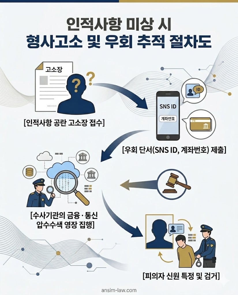 사기꾼의 주민번호를 모를 때 SNS 계정과 계좌번호를 활용한 형사고소 및 우회 수사 절차도.