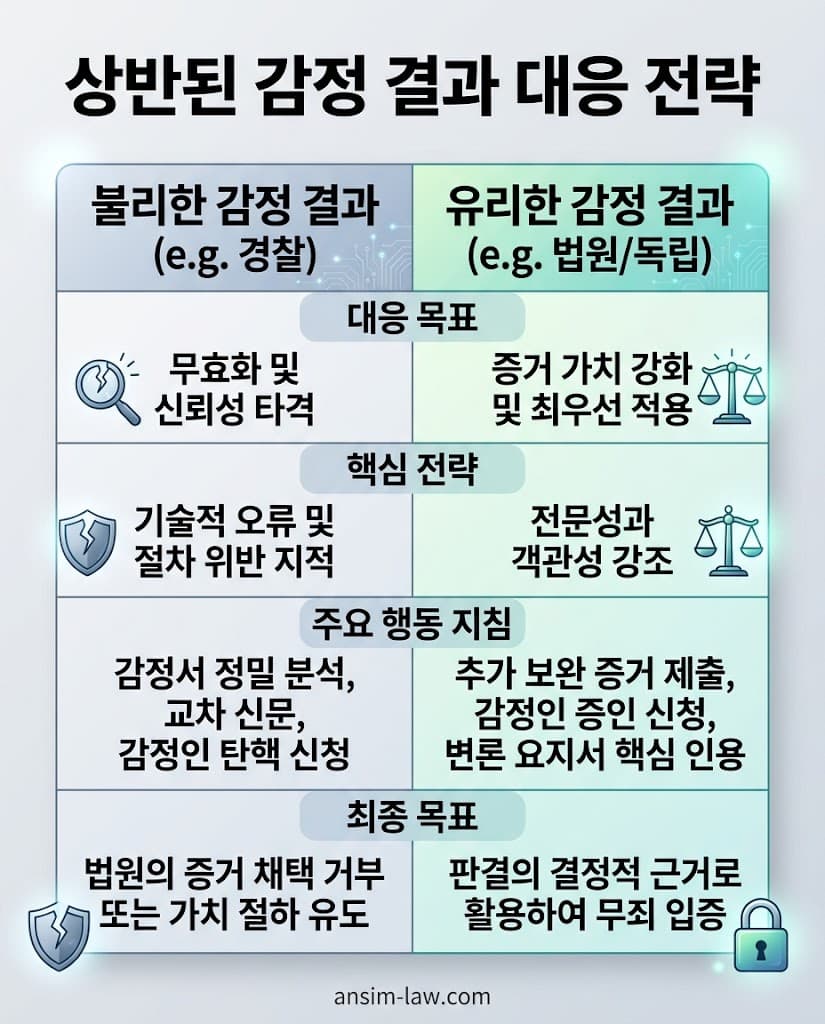 경찰 단계와 법원 단계의 상반된 문서 감정 결과에 직면했을 때 논리적으로 탄핵하는 대응 비교표.