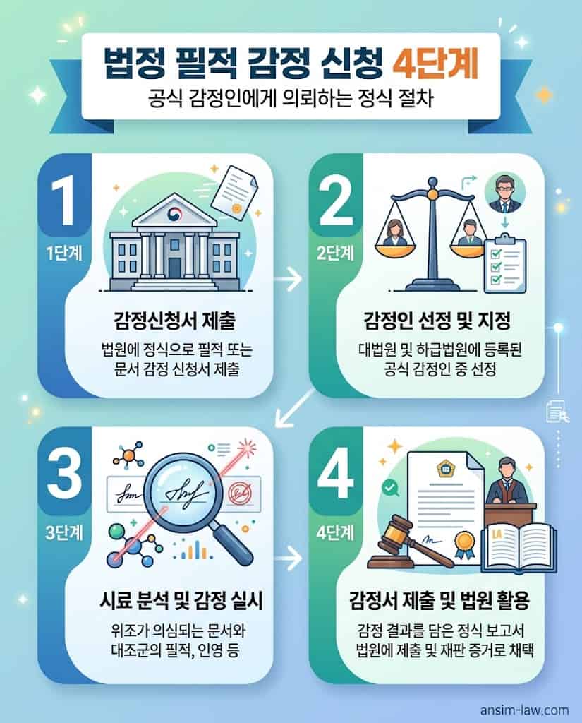 형사 공판에서 재판부에 공식적으로 필적 및 인영 감정을 신청하는 4단계 절차를 요약한 인포그래픽.