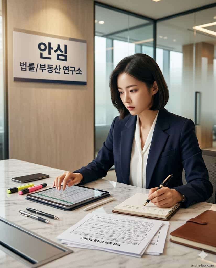 안심 법률 부동산 연구소에서 법원 경매 매각 서류의 위조 여부를 정밀 분석 중인 안심 법무사.