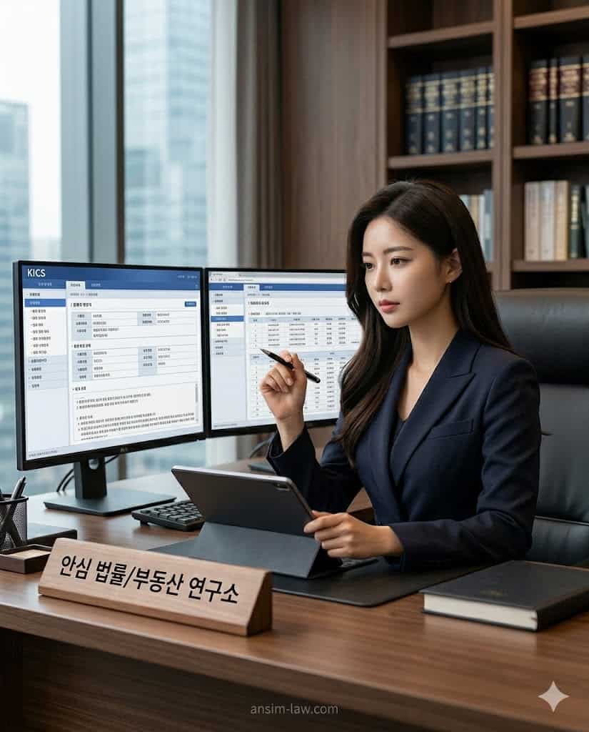 형사사건 실무 기록을 면밀히 분석 중인 안심 법무사의 집무 모습