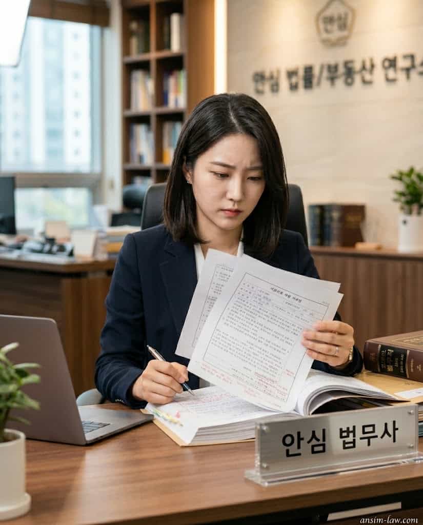 안심 법무사가 피의자 방어권을 위해 사무실에서 형사 사건 수사 서류와 증거 기록을 꼼꼼히 검토하는 모습