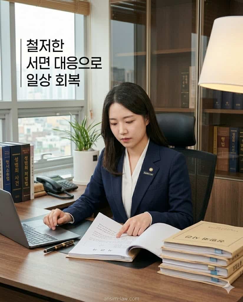 의뢰인의 성범죄 보안처분 면제를 위해 정밀하게 법률 서면을 분석 및 작성 중인 안심 법무사.
